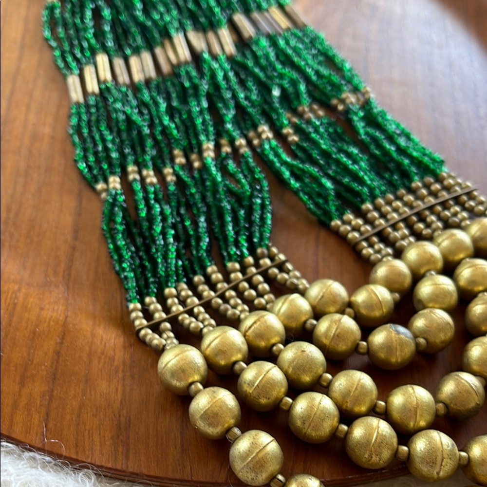 Green and Gold Beads Multilayered Statement Mixed Materials Artisan Necklace - Picture 3 of 17